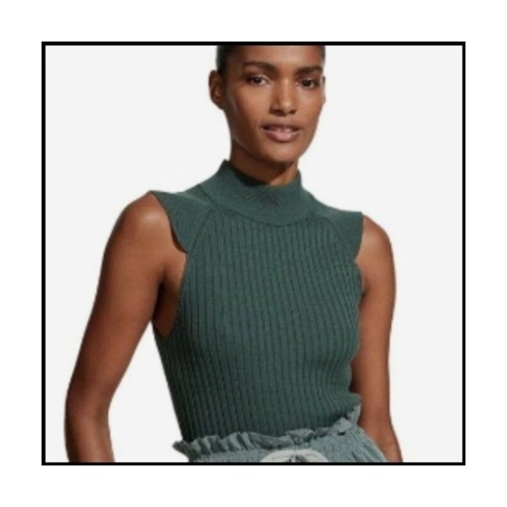 Varley Fowler Fitted Knit Tank Top Ribbed Mock Neck Cut Out Green Women M Luxury